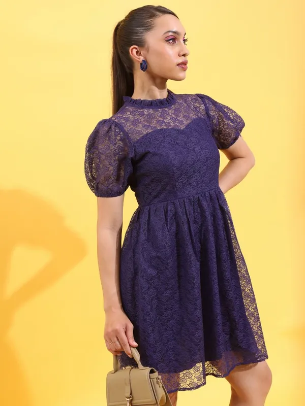  Ketch Women Navy Blue Self Design Fit And Flare Dresses