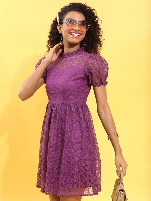  Ketch Women Purple Self Design Fit And Flare Dresses