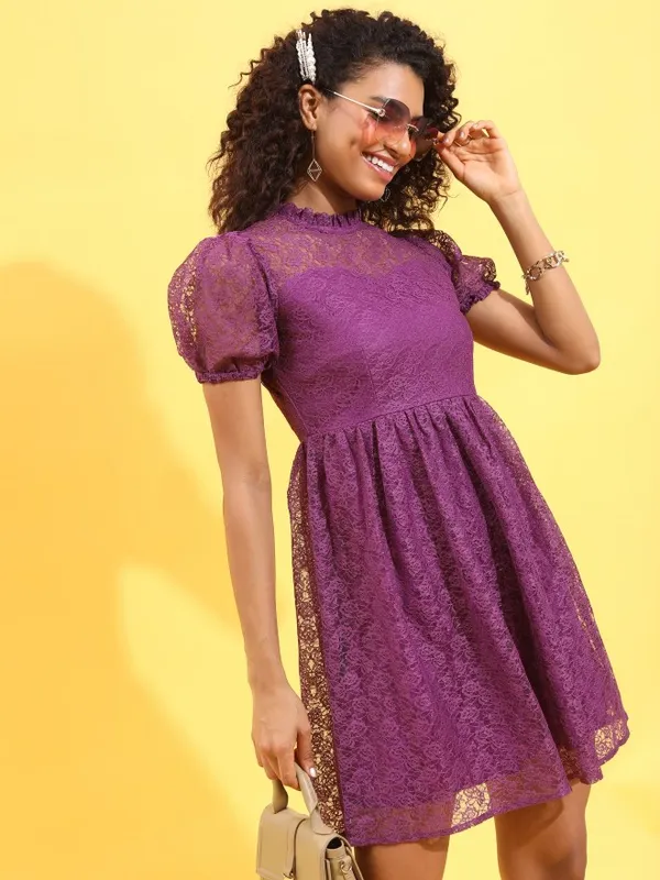  Ketch Women Purple Self Design Fit And Flare Dresses