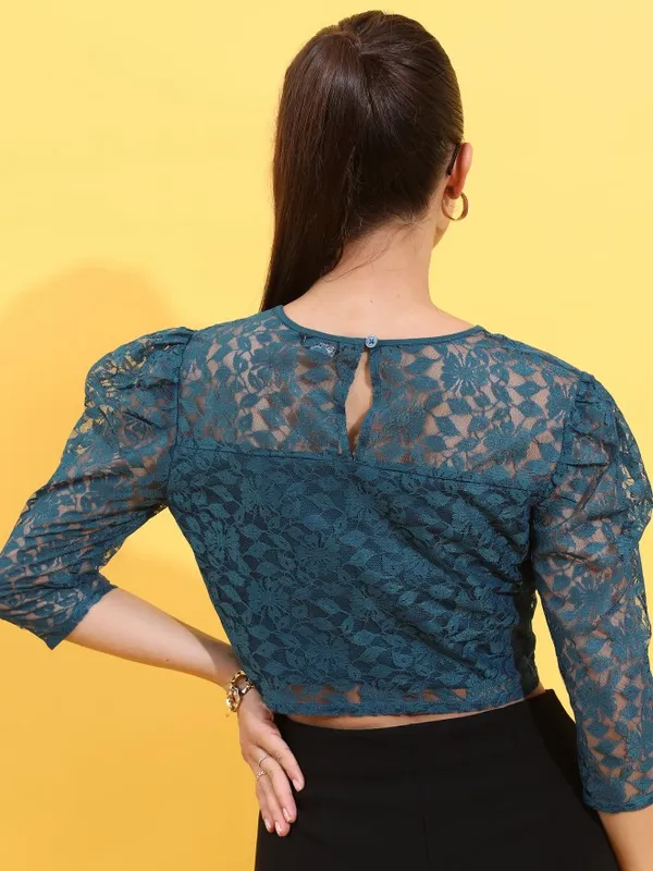  Tokyo Talkies Women Teal Self Design Regular Tops