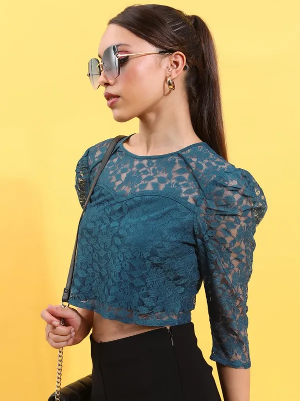  Tokyo Talkies Women Teal Self Design Regular Tops