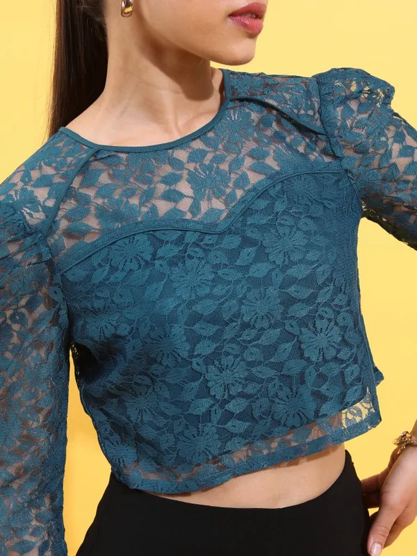  Tokyo Talkies Women Teal Self Design Regular Tops