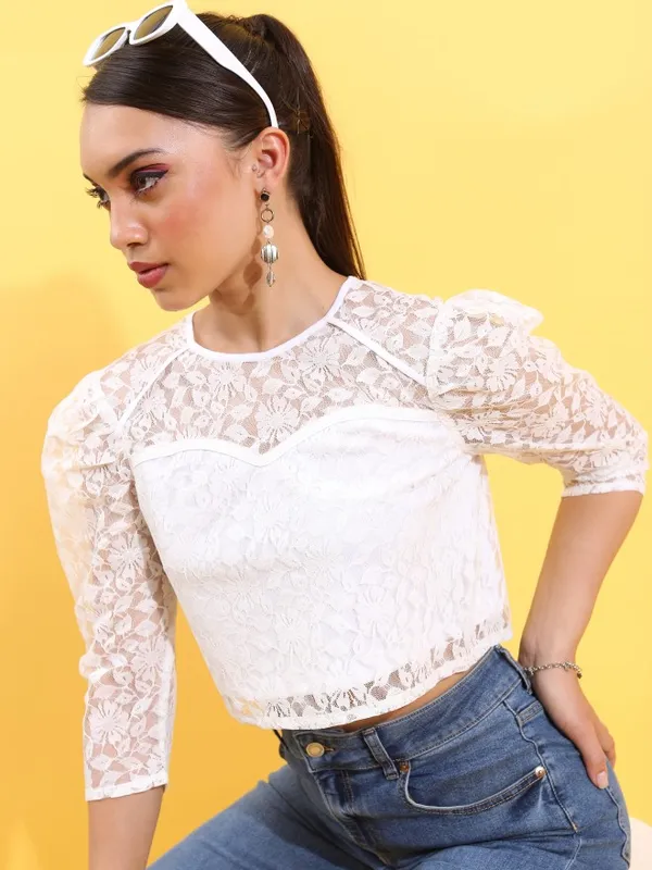 Tokyo Talkies Women White Self Design Regular Top