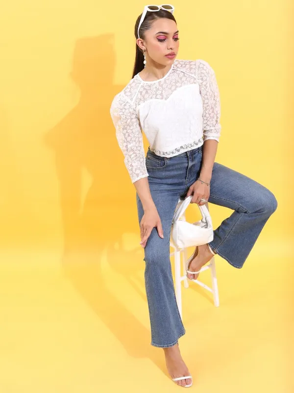  Tokyo Talkies Women White Self Design Regular Tops