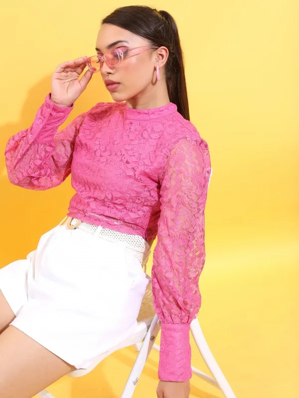 Tokyo Talkies Women Pink Self Design Regular Top