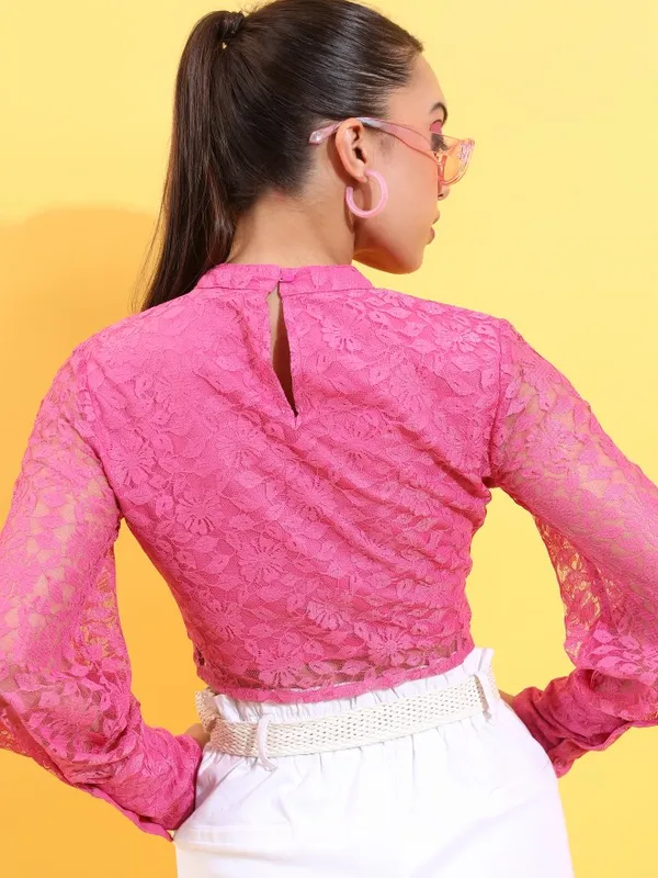 Tokyo Talkies Women Pink Self Design Regular Top