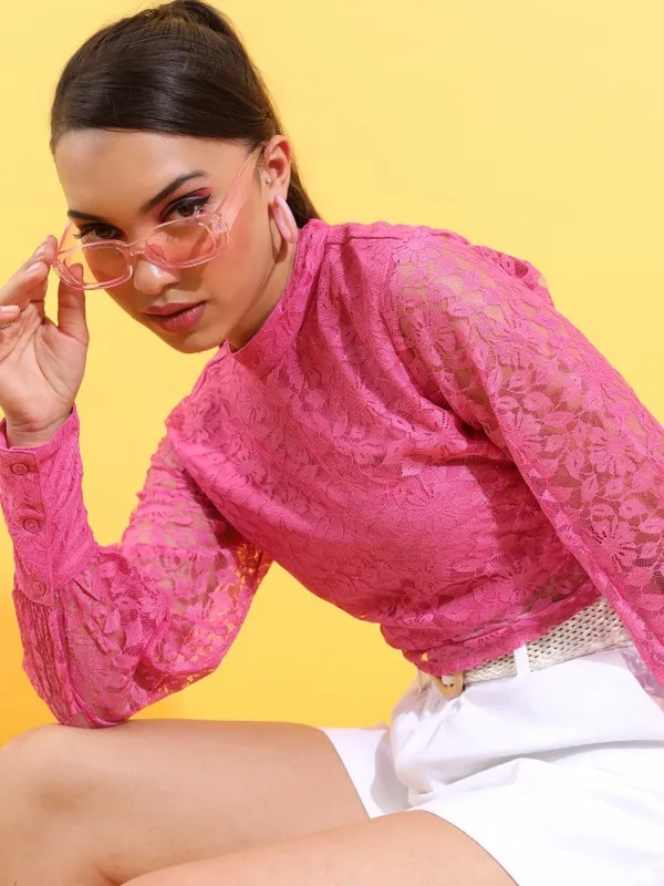 Tokyo Talkies Women Pink Self Design Regular Top