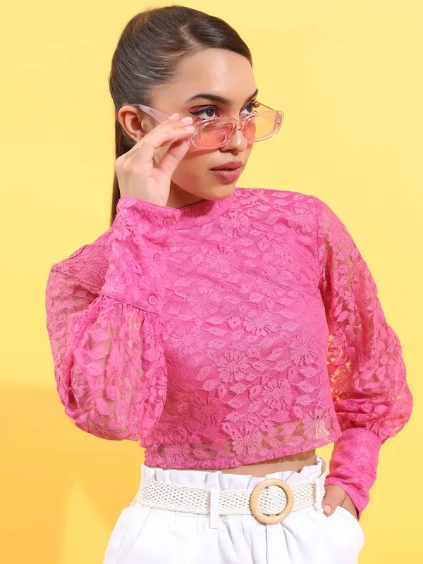 Tokyo Talkies Women Pink Self Design Regular Top