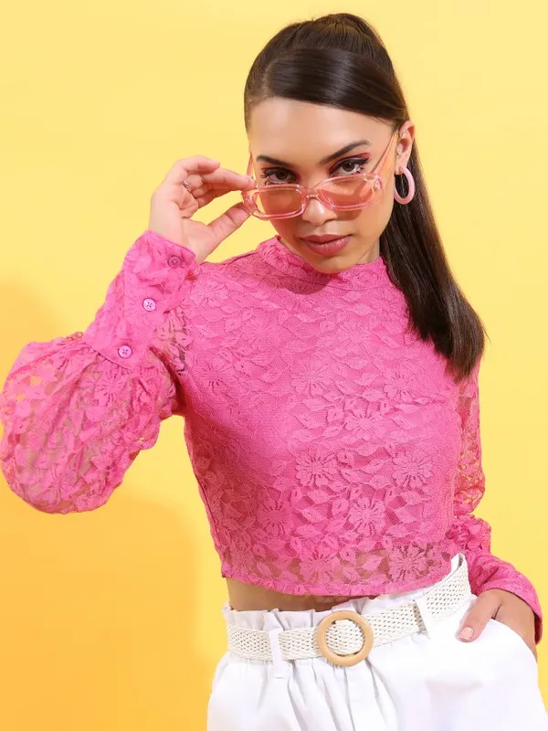 Tokyo Talkies Women Pink Self Design Regular Top