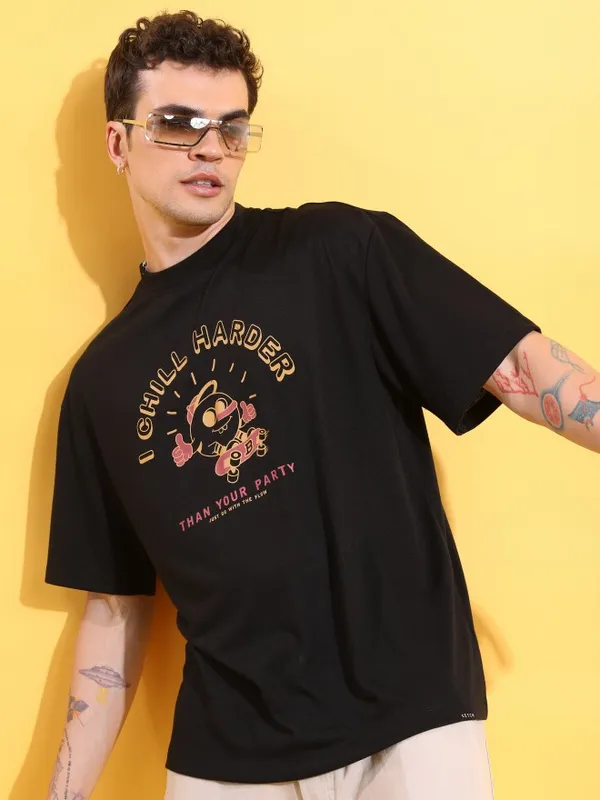  Ketch Men Black Printed Round Neck T-Shirts