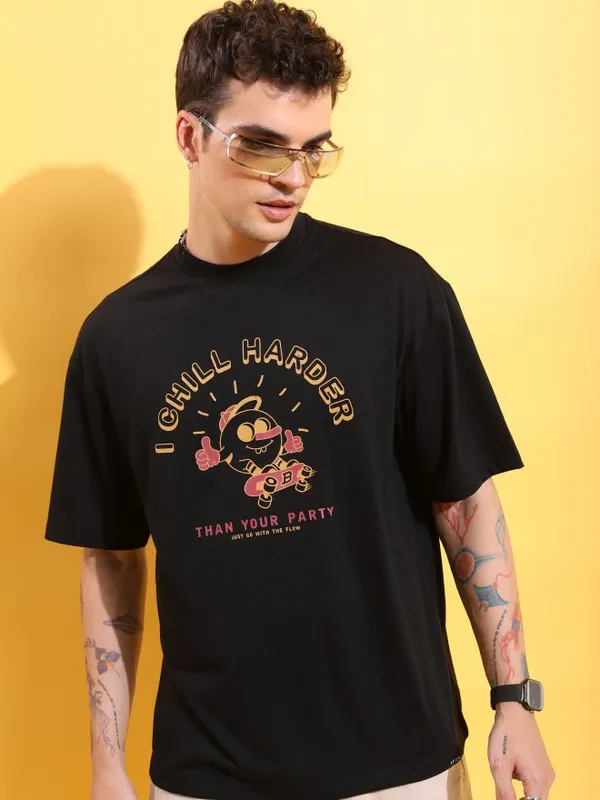  Ketch Men Black Printed Round Neck T-Shirts