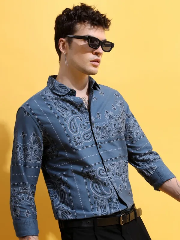 Ketch Men Blue Printed Slim Fit Casual Shirts