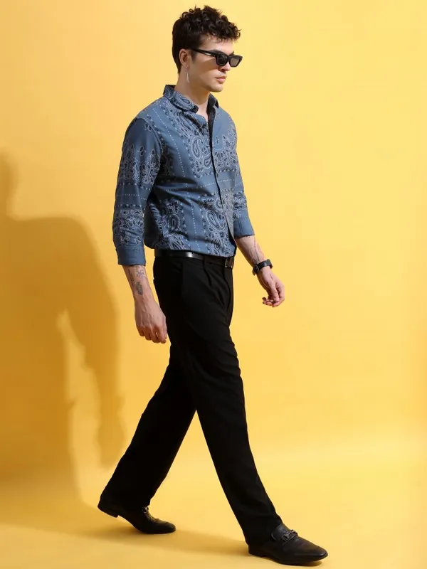  Ketch Men Blue Printed Slim Fit Casual Shirts
