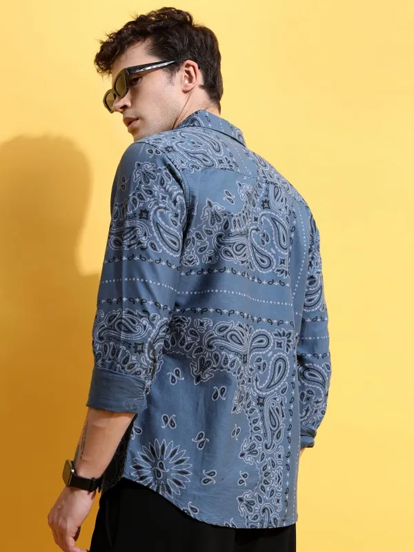  Ketch Men Blue Printed Slim Fit Casual Shirts