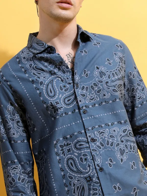  Ketch Men Blue Printed Slim Fit Casual Shirts