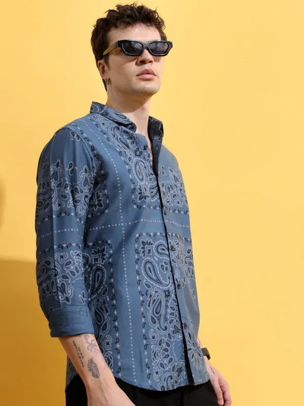  Ketch Men Blue Printed Slim Fit Casual Shirts
