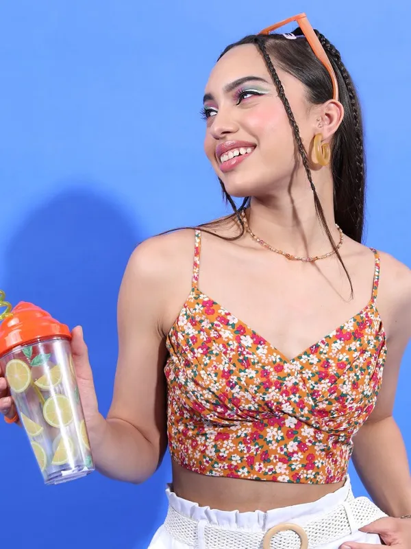 Tokyo Talkies Women Mustard Printed Fitted Top