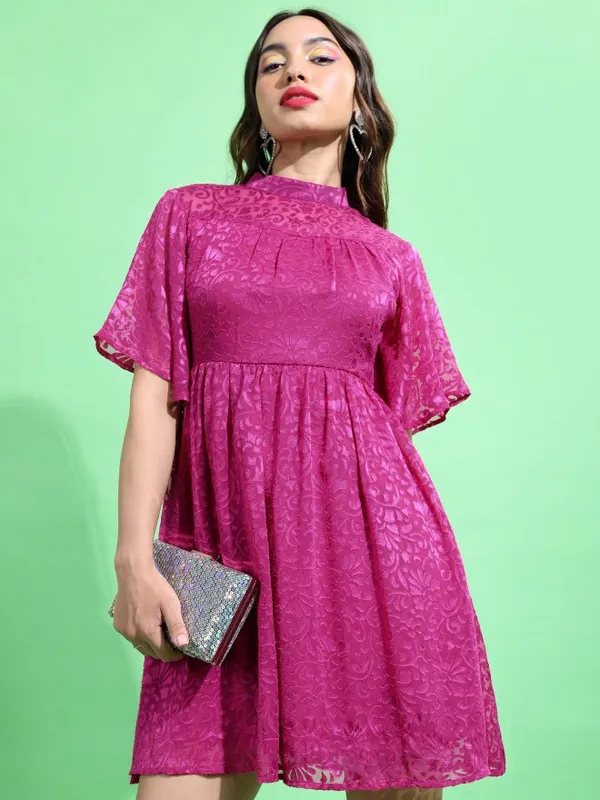 Tokyo Talkies Women Pink Self Design Fit And Flare Dress