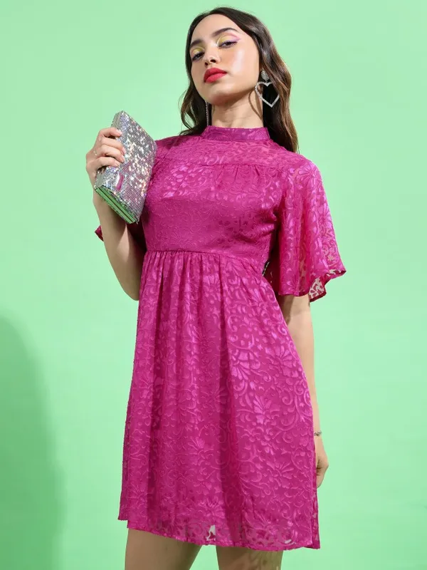 Tokyo Talkies Women Pink Self Design Fit And Flare Dress