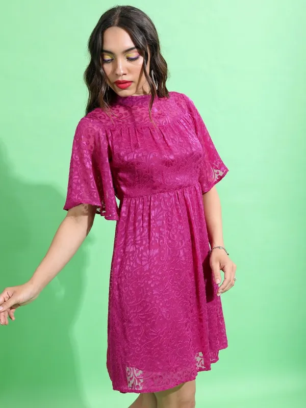 Tokyo Talkies Women Pink Self Design Fit And Flare Dress