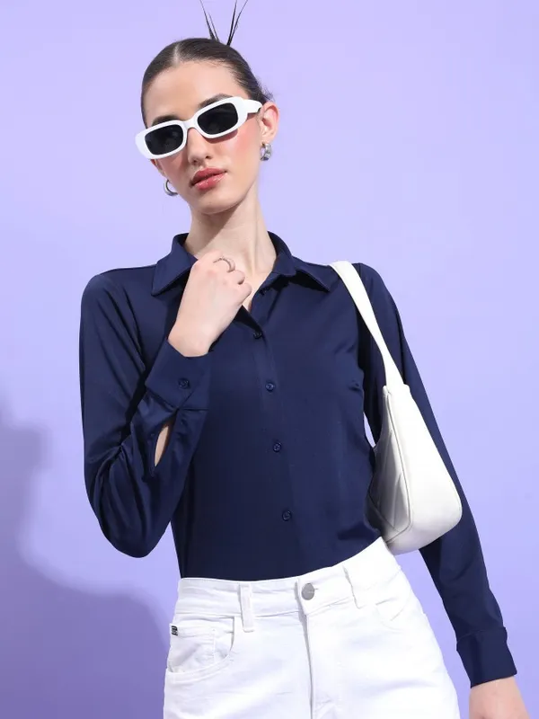  Tokyo Talkies Women Navy Blue Solid Casual Shirts