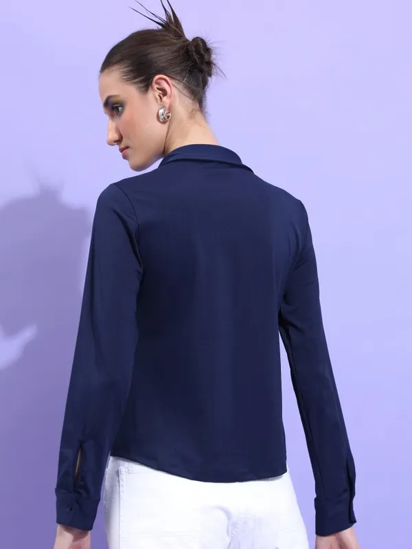  Tokyo Talkies Women Navy Blue Solid Casual Shirts