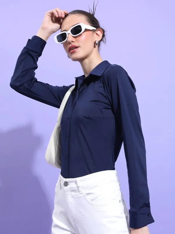  Tokyo Talkies Women Navy Blue Solid Casual Shirts
