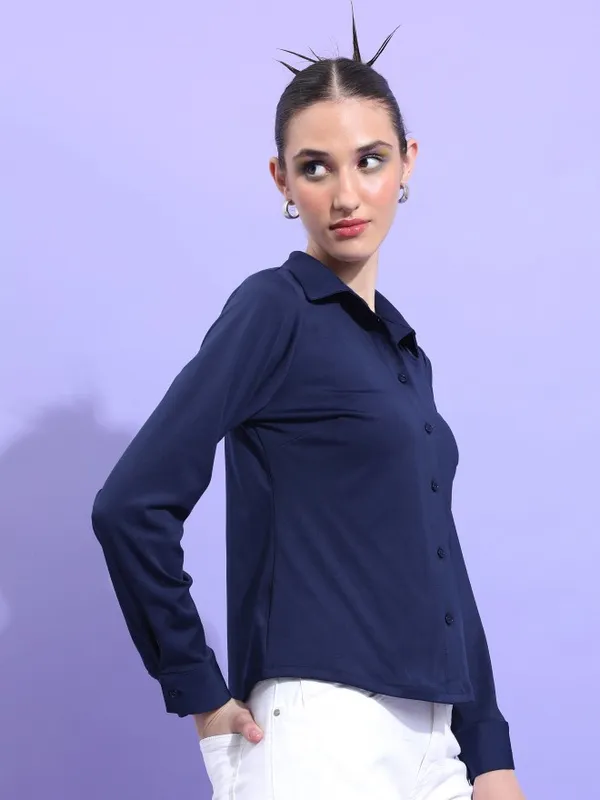  Tokyo Talkies Women Navy Blue Solid Casual Shirts