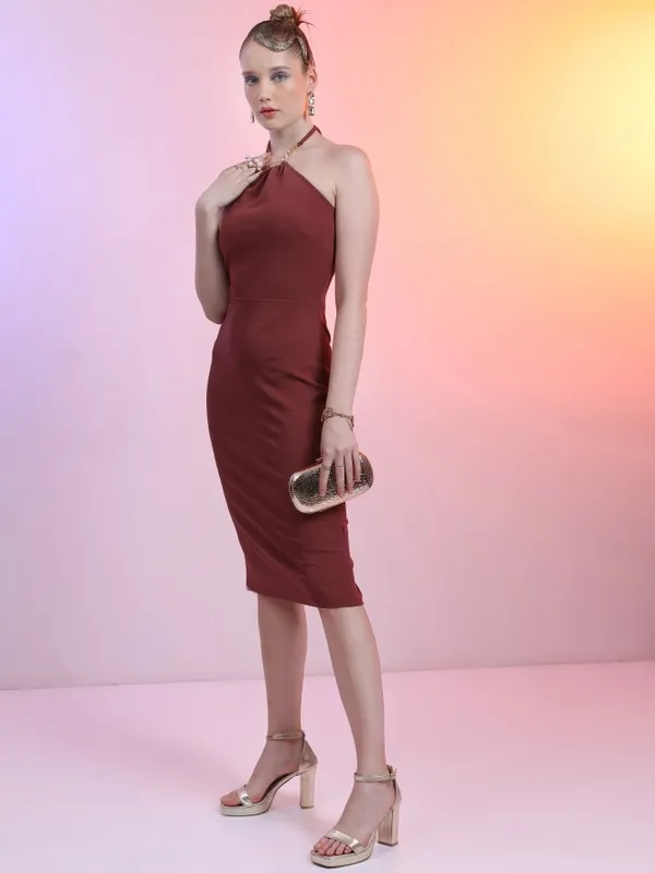 Tokyo Talkies Women Maroon Solid Bodycon Dress