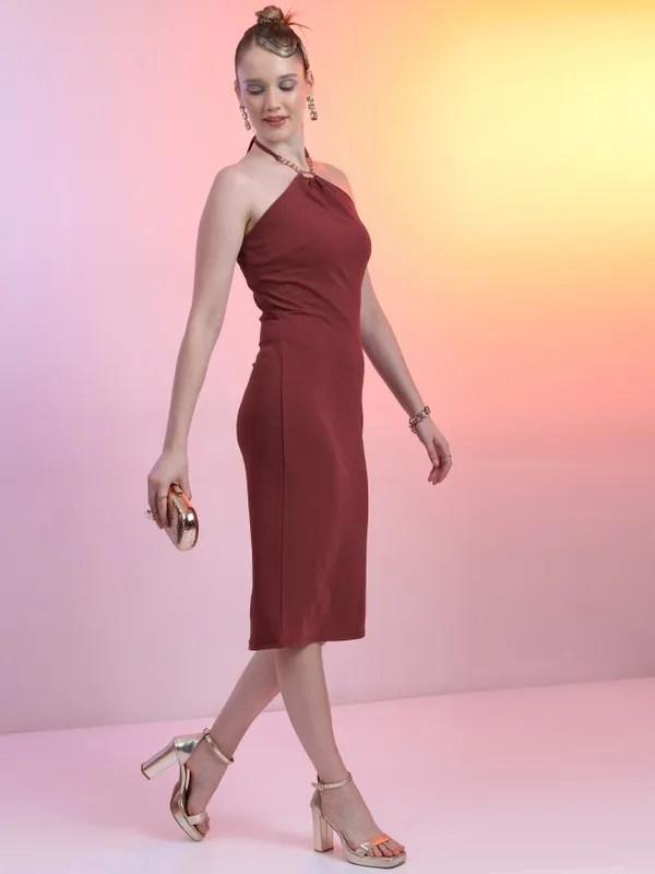Tokyo Talkies Women Maroon Solid Bodycon Dress