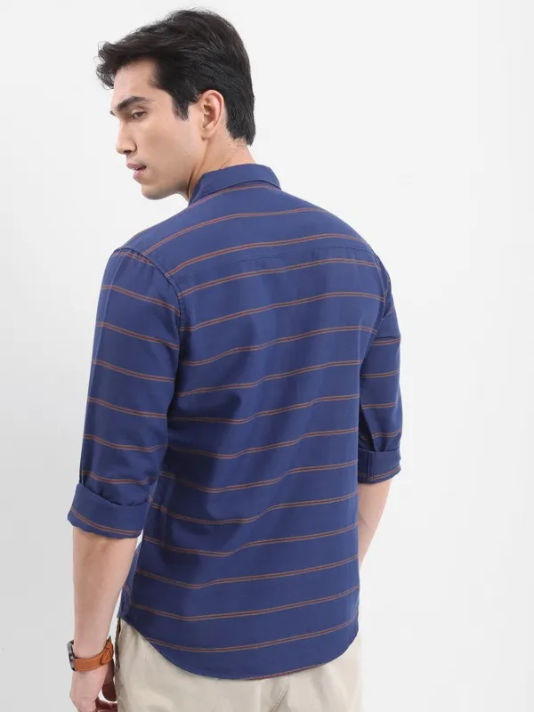  Highlander Men Navy Blue Striped Slim Fit Casual Shirts