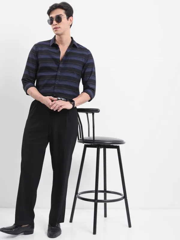  Highlander Men Black Striped Slim Fit Casual Shirts