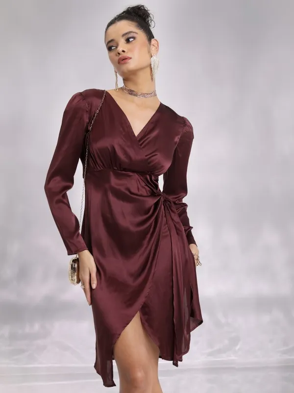  Ketch Women Brown Solid Wrap Dresses