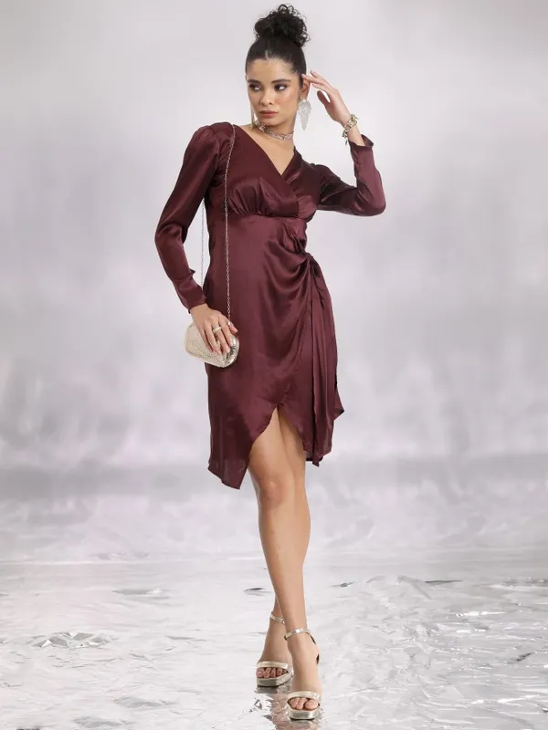  Ketch Women Brown Solid Wrap Dresses