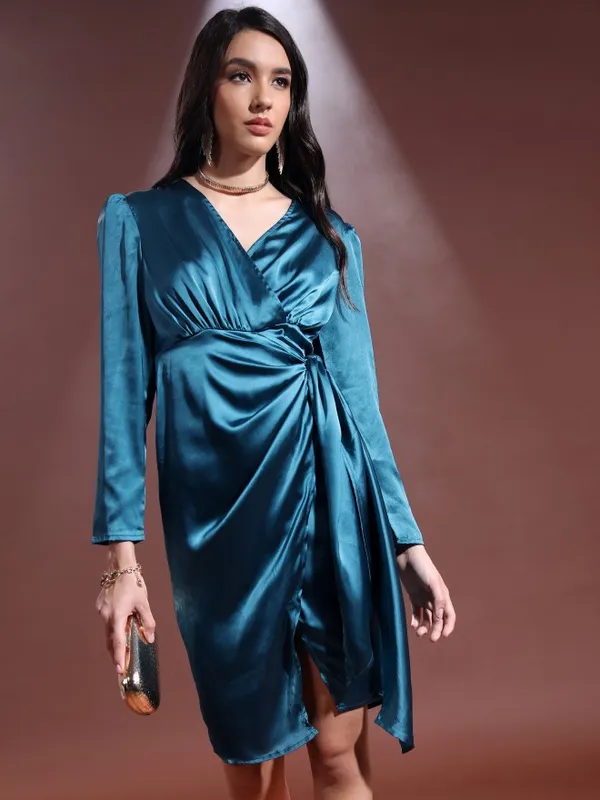 Ketch Women Teal Solid Wrap Dresses