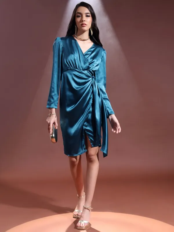  Ketch Women Teal Solid Wrap Dresses