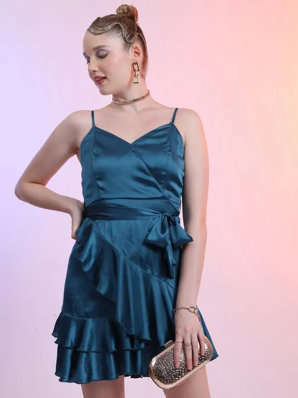  Ketch Women Teal Solid Wrap Dresses