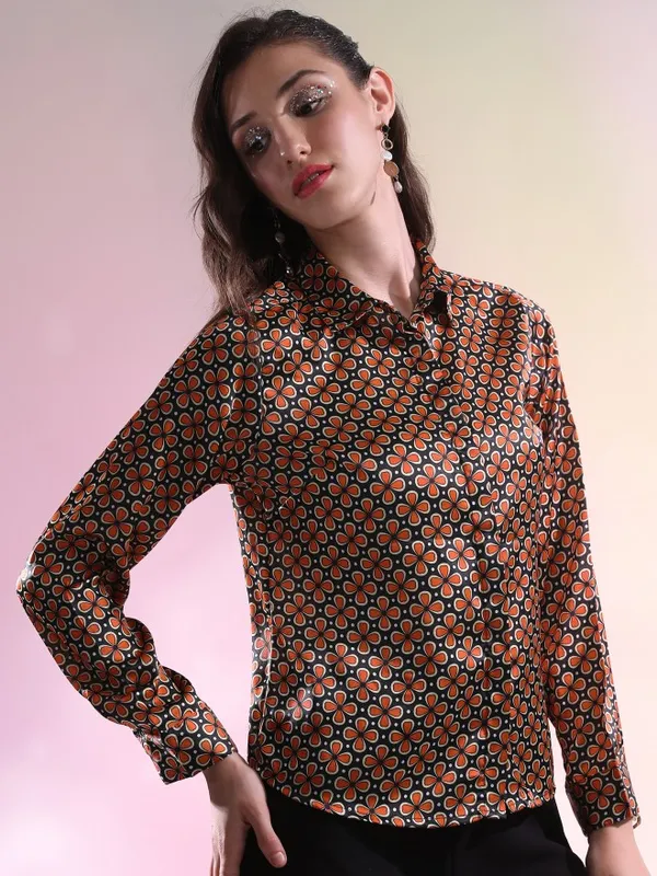  Ketch Women Orange Printed Casual Shirts