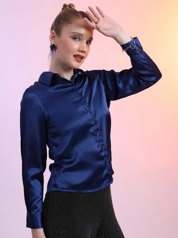 Tokyo Talkies Women Blue Solid Casual Shirts