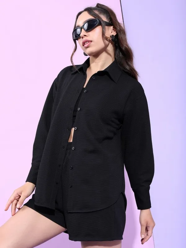 Tokyo Talkies Women Structured Black Knited Shirt With Short Co-Ords