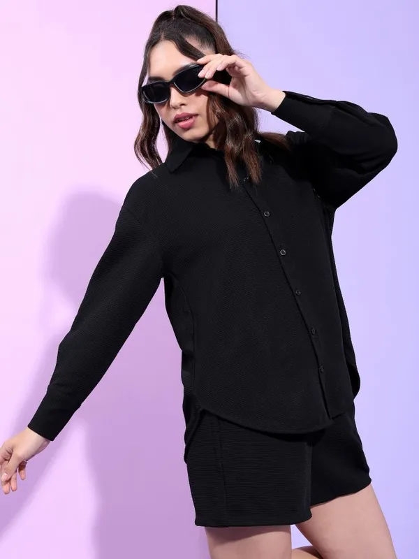 Tokyo Talkies Women Structured Black Knited Shirt With Short Co-Ords