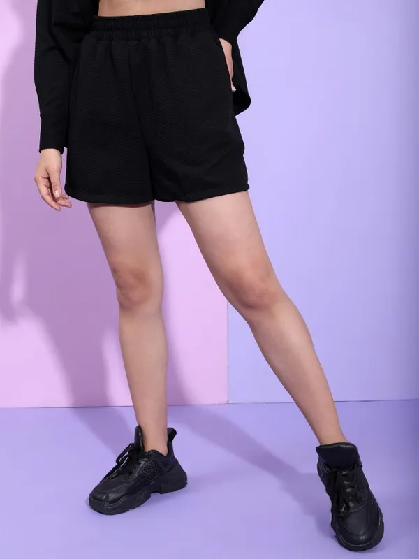 Tokyo Talkies Women Structured Black Knited Shirt With Short Co-Ords