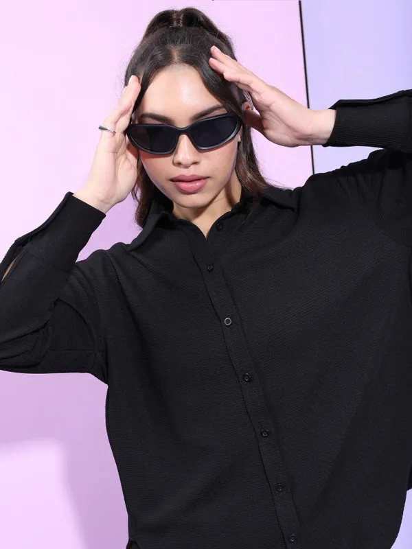 Tokyo Talkies Women Structured Black Knited Shirt With Short Co-Ords