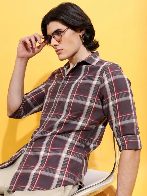 Highlander Men Brown Checked Slim Fit Casual Shirt