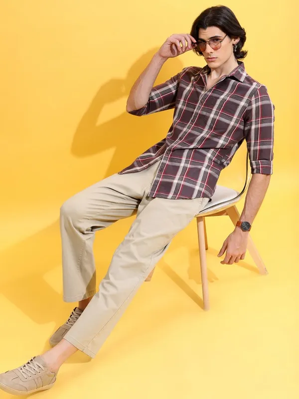 Highlander Men Brown Checked Slim Fit Casual Shirt