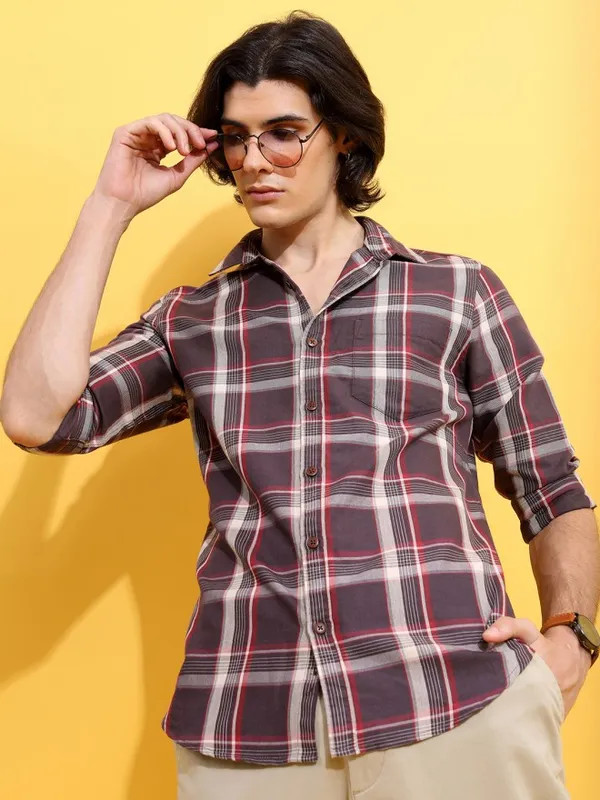 Highlander Men Brown Checked Slim Fit Casual Shirt