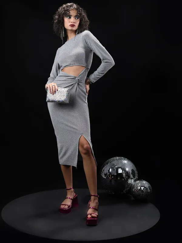 Tokyo Talkies Women Silver Self Design Bodycon Dress