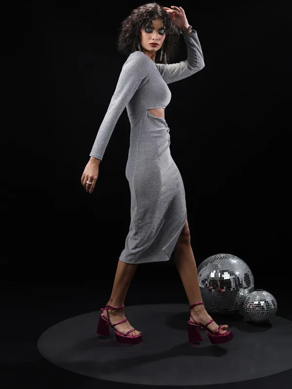 Tokyo Talkies Women Silver Self Design Bodycon Dress