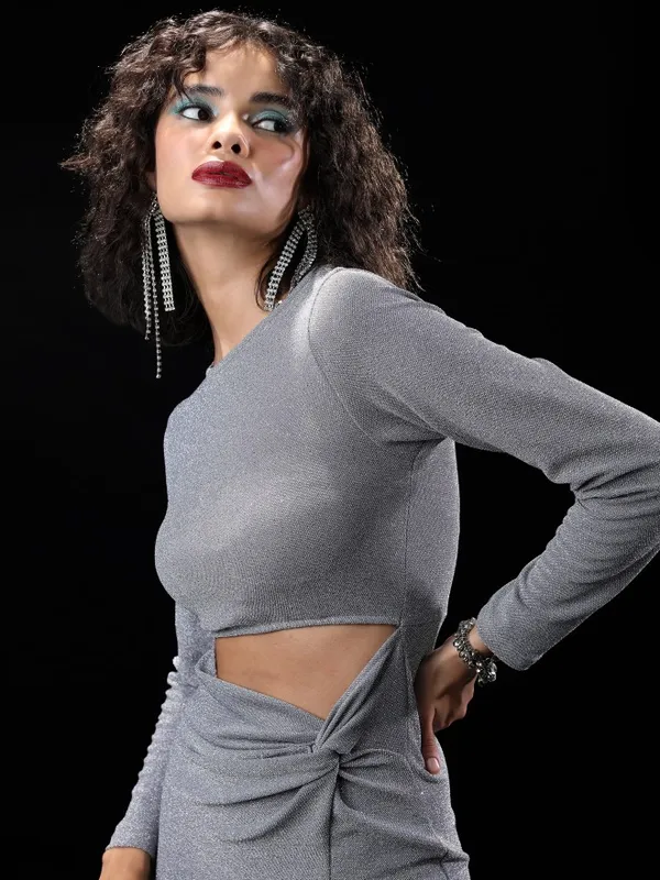 Tokyo Talkies Women Silver Self Design Bodycon Dress