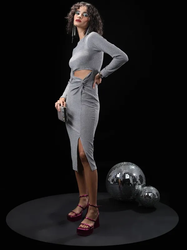 Tokyo Talkies Women Silver Self Design Bodycon Dress